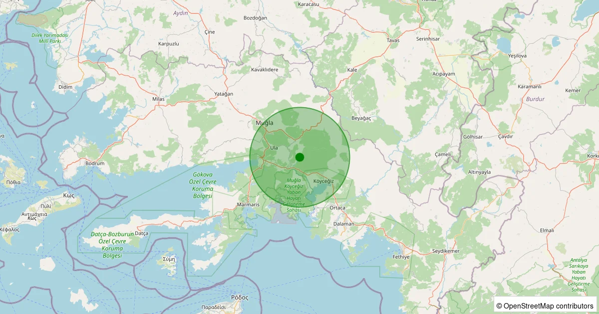 16 Ekim 2025 saat 04:36 - Ula - Kıyra - 0.90ml depreminin harita gösterimi