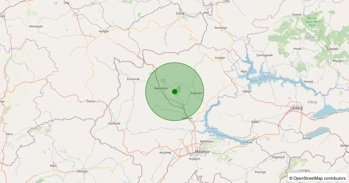 16 Ekim 2025 saat 09:39 - Hekimhan - Haydaroğlu Köyü - 1.60ML depreminin harita gösterimi