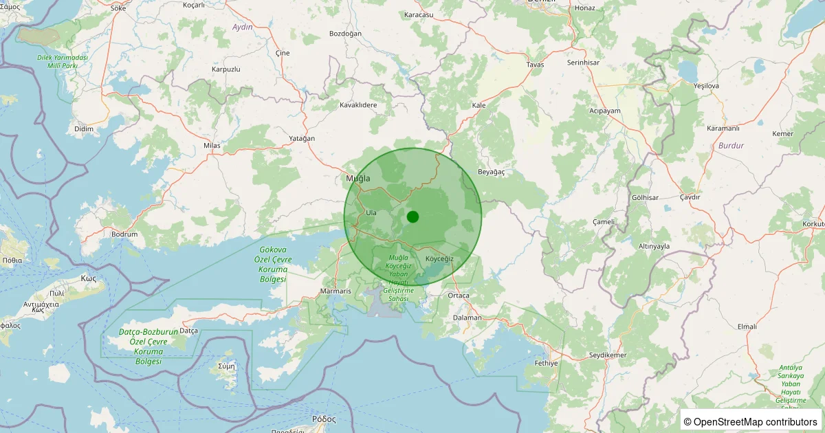 16 Ekim 2025 saat 13:19 - Köyceğiz - Balcılar - 1.20ml depreminin harita gösterimi
