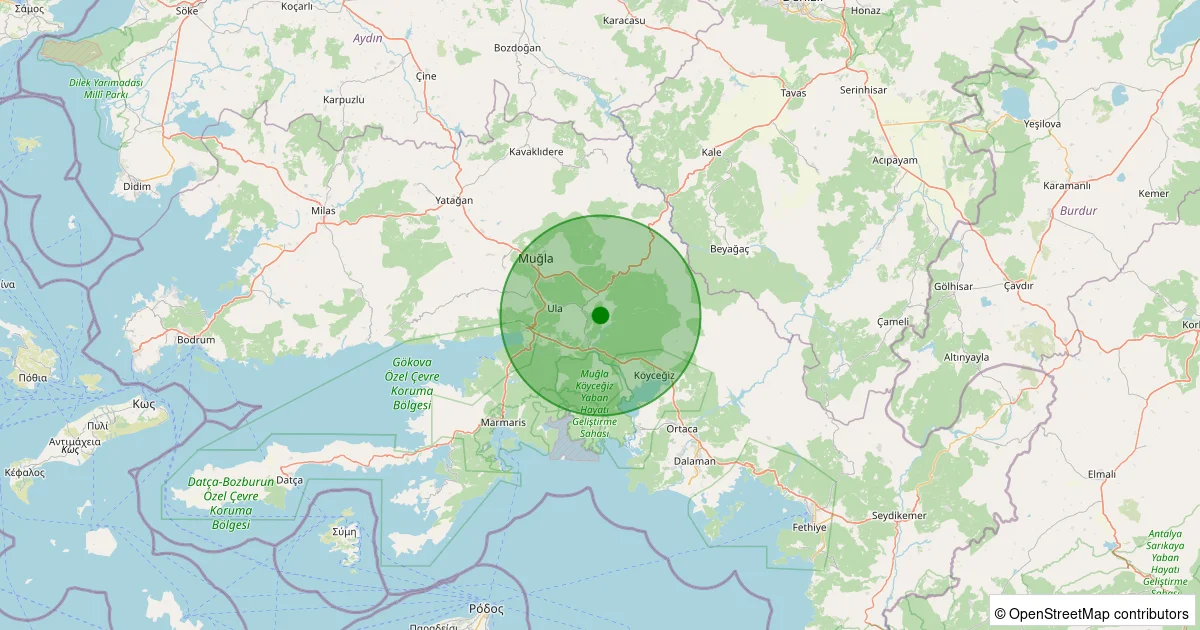16 Ekim 2025 saat 13:12 - Ula - Kıyra - 1.50ml depreminin harita gösterimi