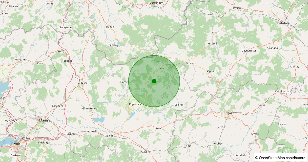 16 Ekim 2025 saat 14:45 - Demirci - Sağnıç - 1.10ML depreminin harita gösterimi