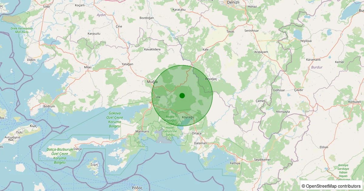 16 Ekim 2025 saat 16:38 - Ula - Kavakçalı - 1.70ml depreminin harita gösterimi