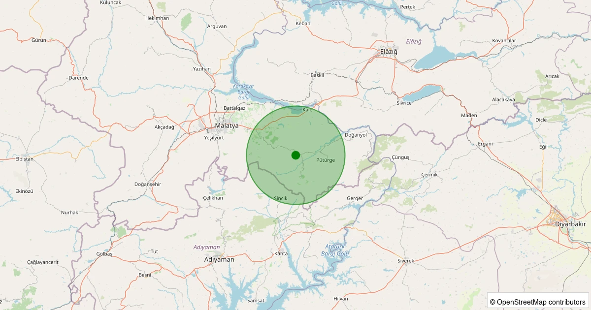 18 Ekim 2025 saat 22:53 - Pütürge - Kökpınar Köyü - 0.90ML depreminin harita gösterimi