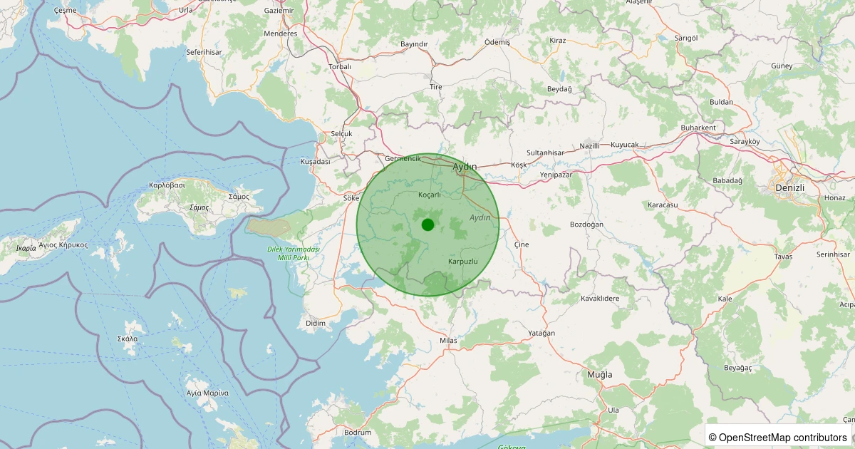 19 Ekim 2025 saat 00:21 - Koçarlı - Çeşme - 1.50ML depreminin harita gösterimi