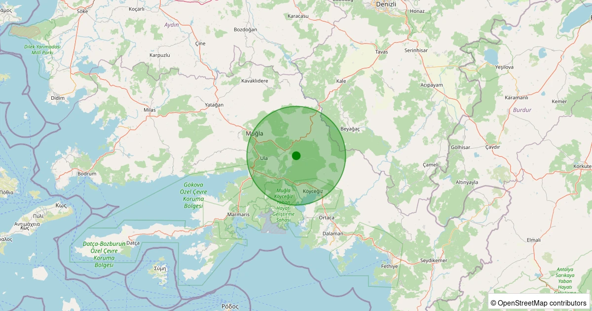 19 Ekim 2025 saat 02:07 - Ula - Arıcılar - 1.50ml depreminin harita gösterimi