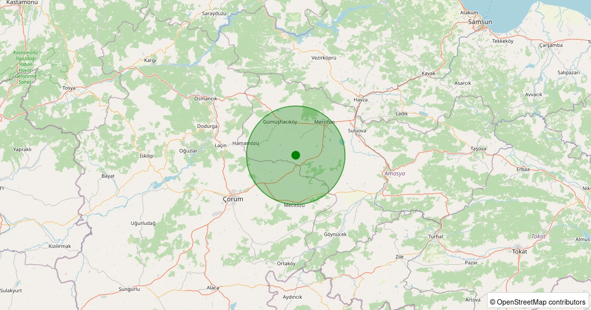 19 Ekim 2025 saat 01:35 - Merzifon - Büyükçay Köyü - 1.10ML depreminin harita gösterimi