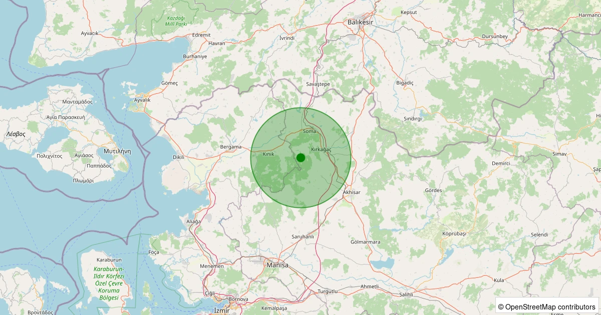 19 Ekim 2025 saat 06:52 - Kırkağaç - Çiftlik - 1.80ml depreminin harita gösterimi