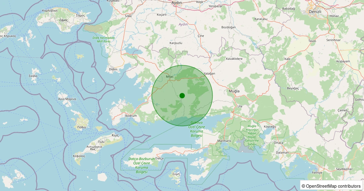 19 Ekim 2025 saat 08:53 - Milas - Karacaağaç - 1.00ML depreminin harita gösterimi