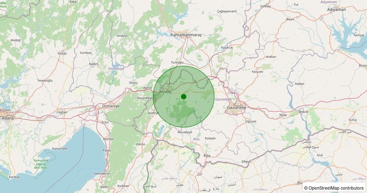 19 Ekim 2025 saat 10:37 - Nurdağı - Kartal - 1.90ml depreminin harita gösterimi
