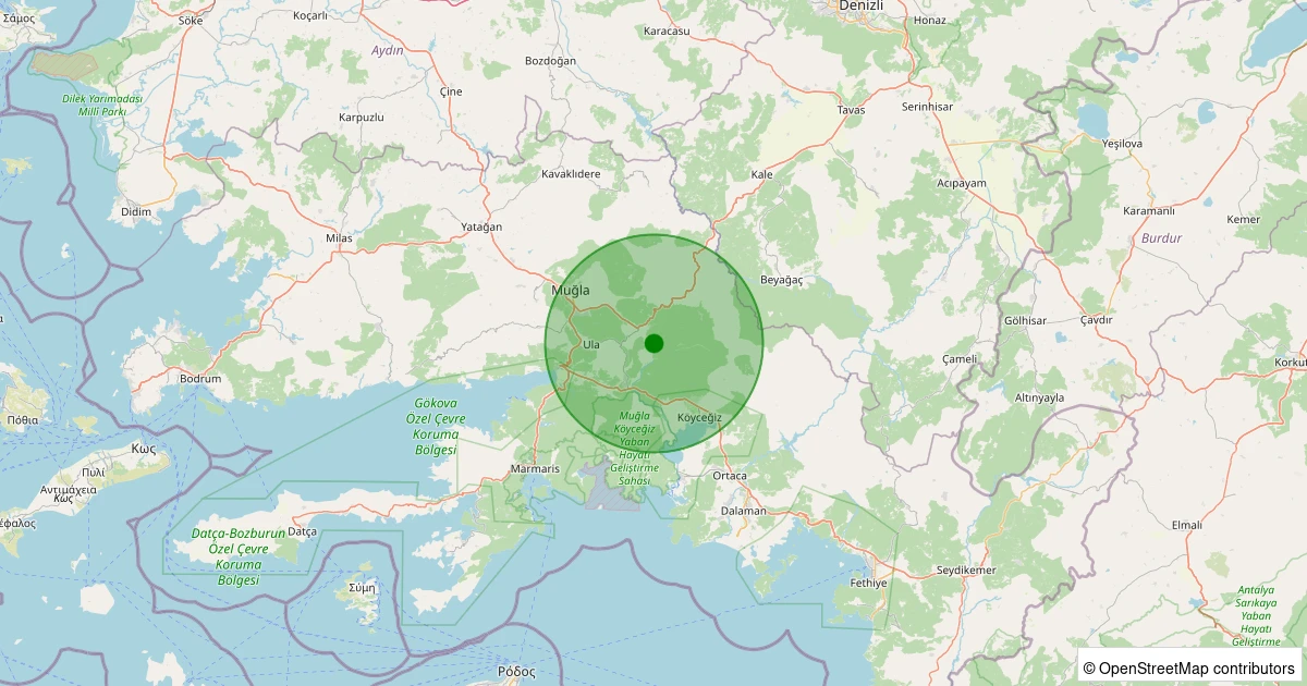 19 Ekim 2025 saat 10:56 - Ula - Gölcük - 1.20ml depreminin harita gösterimi