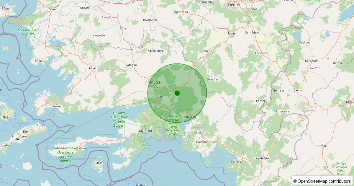 19 Ekim 2025 saat 12:43 - Ula - Gölcük - 1.50ml depreminin harita gösterimi