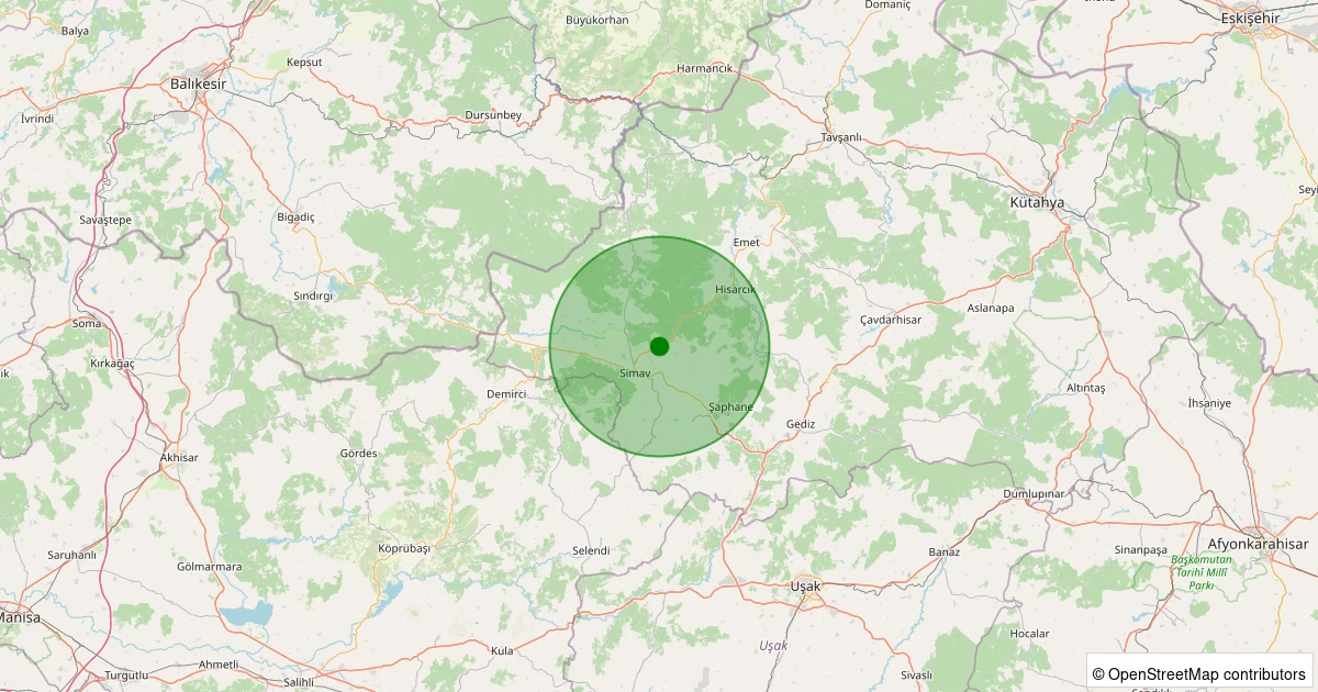 19 Ekim 2025 saat 19:13 - Simav - Ahlatlıçeşme Köyü - 1.80ml depreminin harita gösterimi