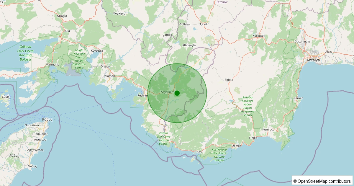 19 Ekim 2025 saat 21:08 - Seydikemer - Dere - 1.30ml depreminin harita gösterimi