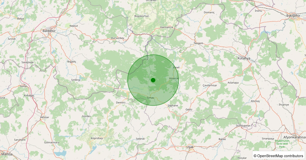 20 Ekim 2025 saat 00:11 - Simav - Yemişli Köyü - 1.80ml depreminin harita gösterimi