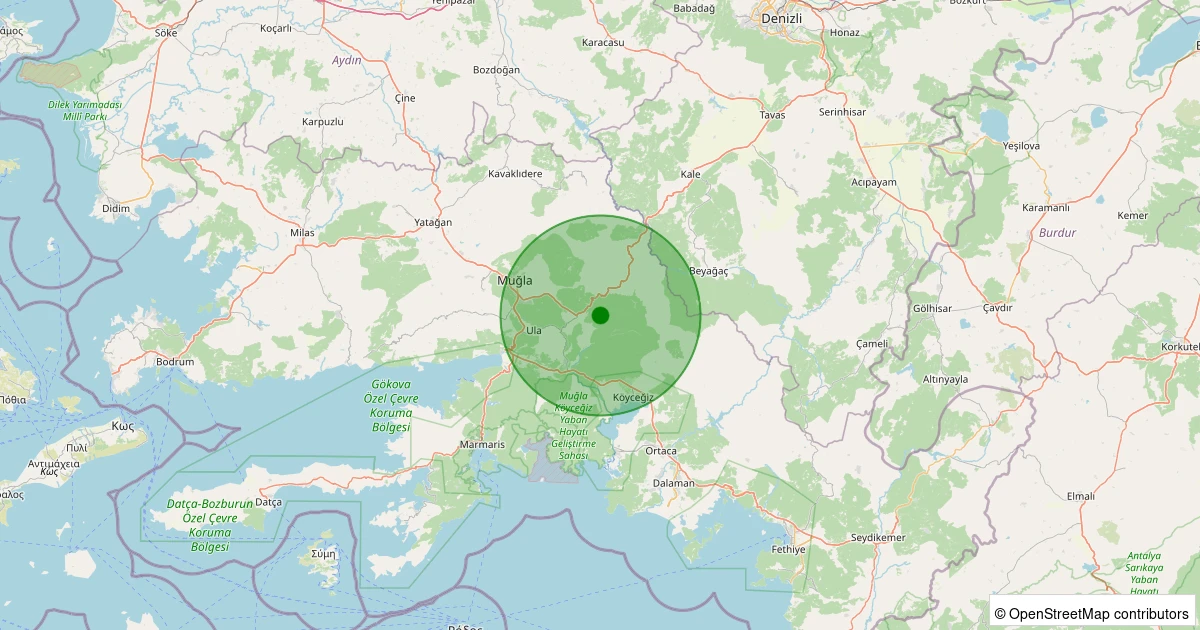 20 Ekim 2025 saat 00:29 - Ula - Arıcılar - 1.30ml depreminin harita gösterimi