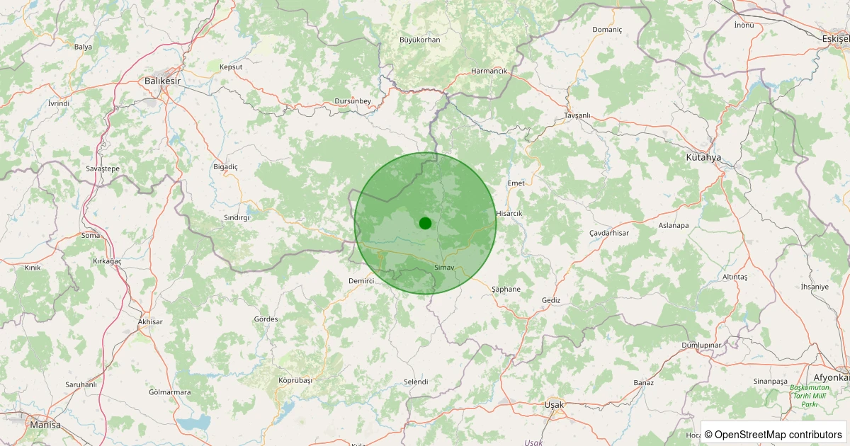 20 Ekim 2025 saat 00:49 - Simav - Koyunoba Köyü - 1.00ml depreminin harita gösterimi