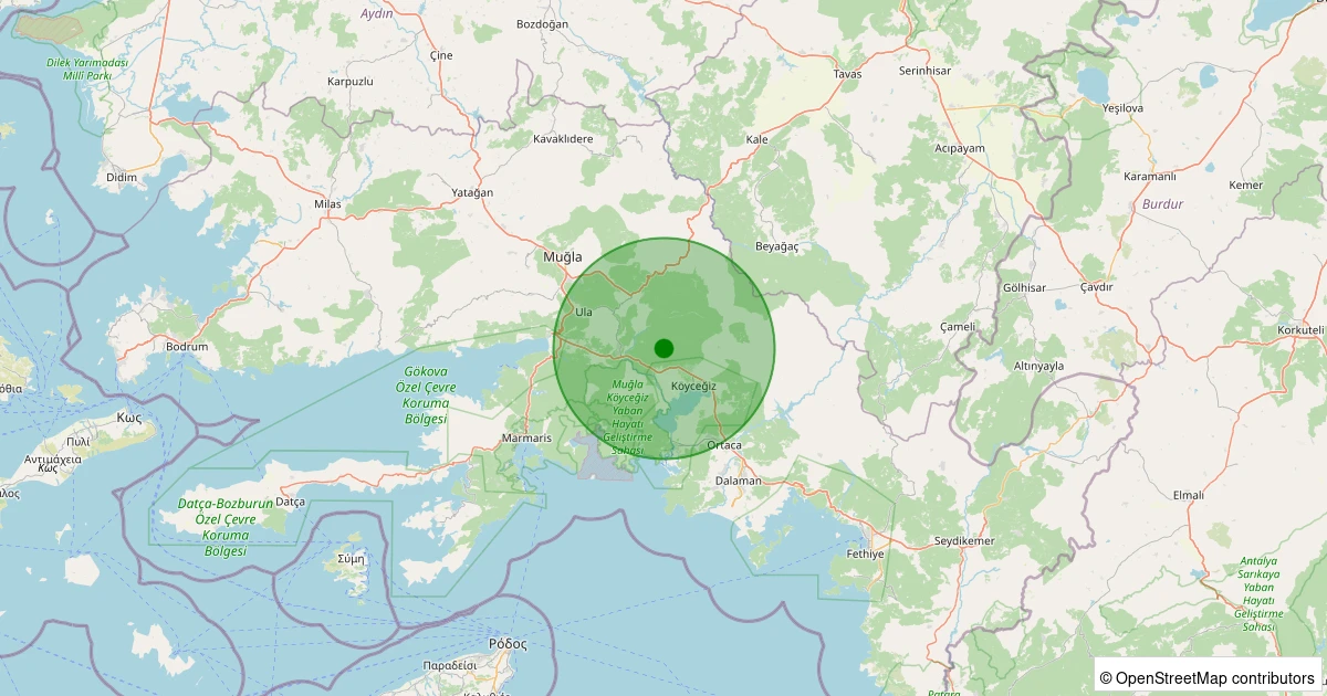 20 Ekim 2025 saat 03:49 - Köyceğiz - Toparlar - 1.30ml depreminin harita gösterimi