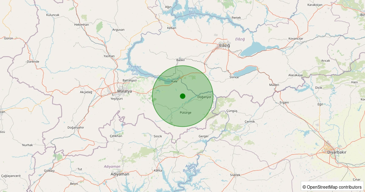 20 Ekim 2025 saat 05:58 - Pütürge - Gündeğer Köyü - 2.50ml depreminin harita gösterimi
