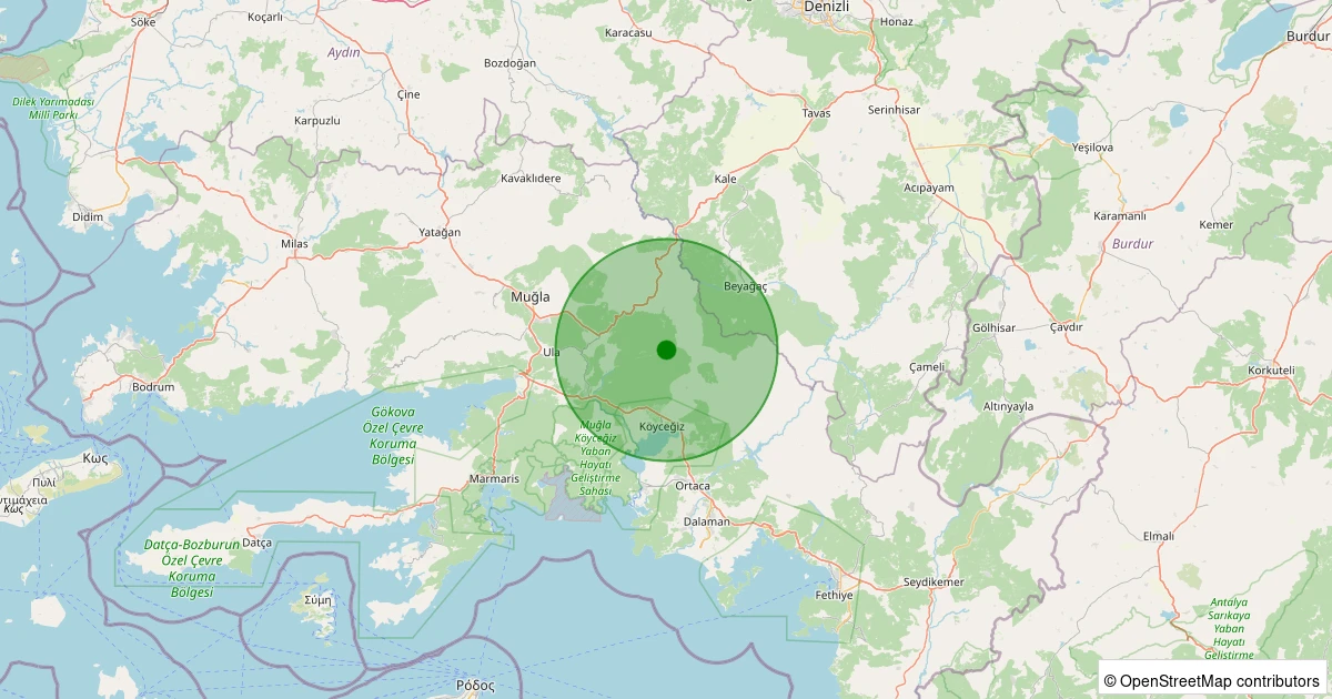 20 Ekim 2025 saat 09:21 - Ula - Kavakçalı - 1.20ml depreminin harita gösterimi