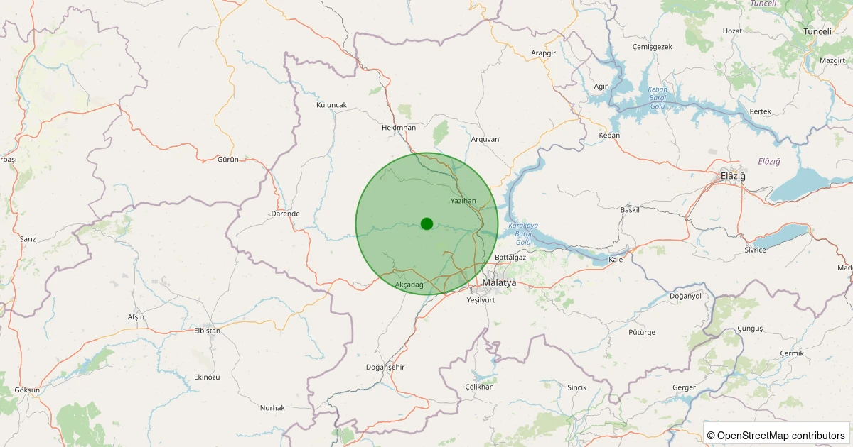 20 Ekim 2025 saat 10:23 - Yazıhan - 1.30ml depreminin harita gösterimi