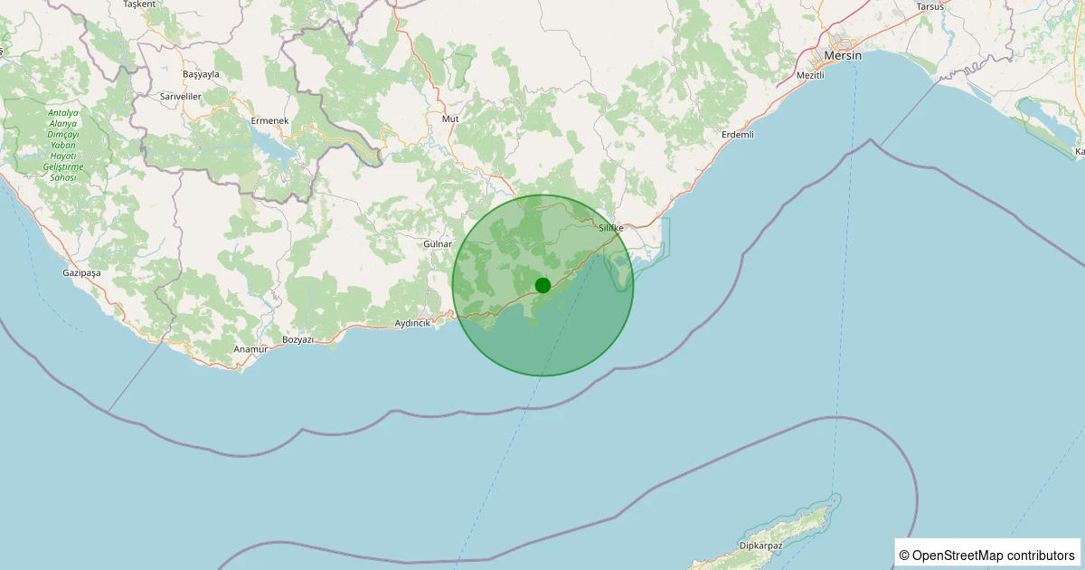 20 Ekim 2025 saat 12:06 - Silifke - Işıklı - 1.20ml depreminin harita gösterimi