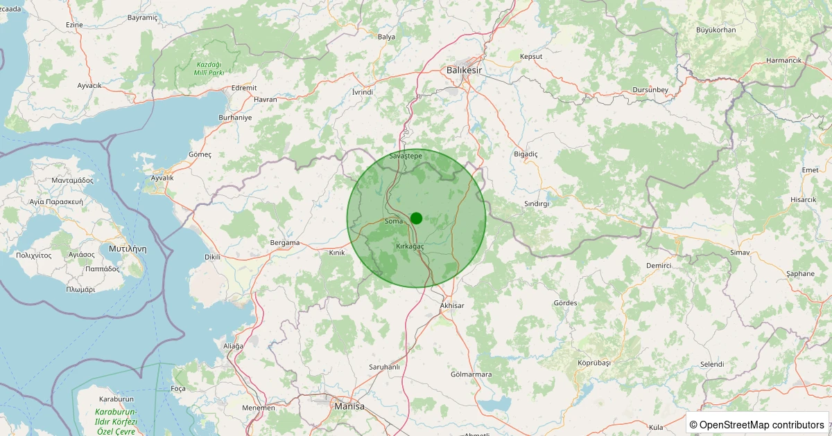 20 Ekim 2025 saat 12:30 - Soma - Yırca - 1.40ML depreminin harita gösterimi