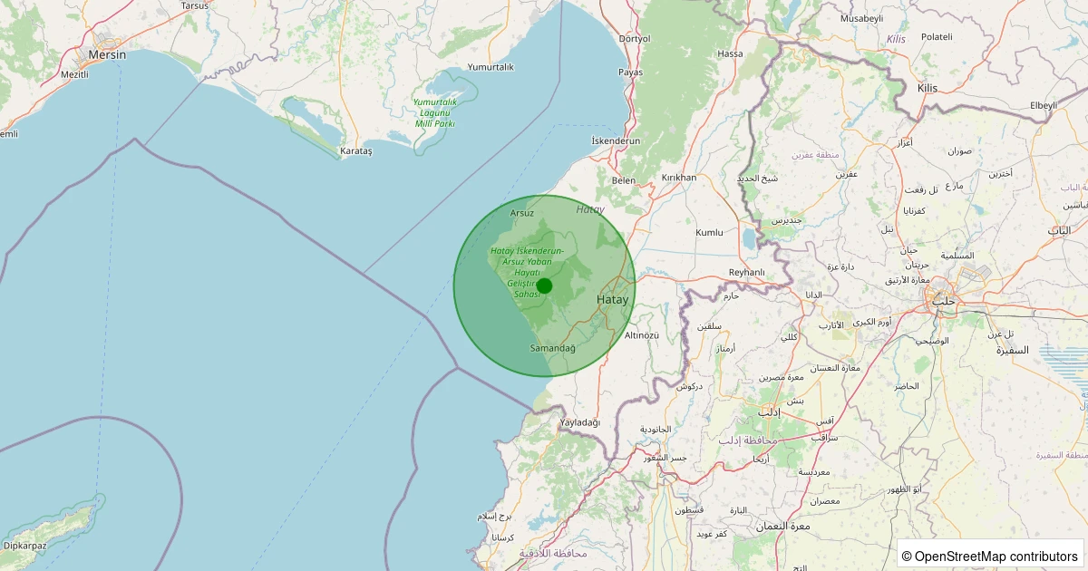 20 Ekim 2025 saat 18:12 - Samandağ - Büyükoba - 1.60ml depreminin harita gösterimi