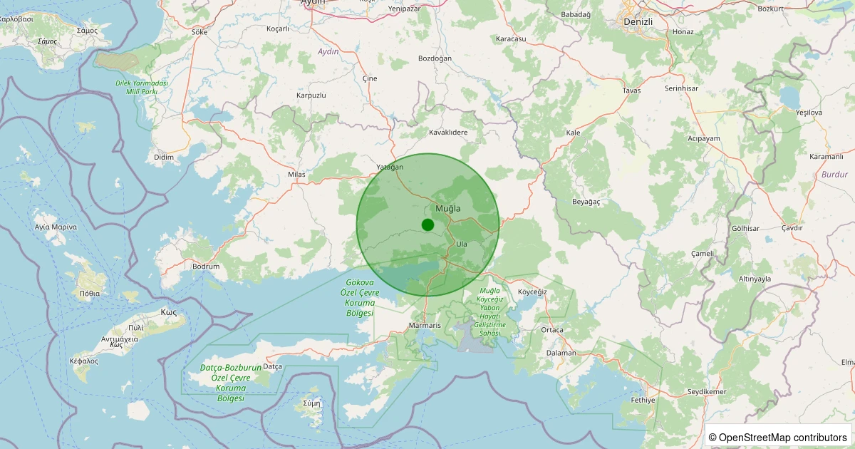 20 Ekim 2025 saat 21:31 - Menteşe - Yerkesik - 1.30ml depreminin harita gösterimi