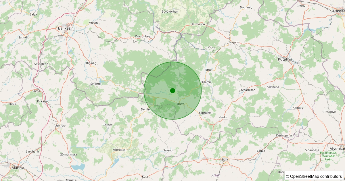 20 Ekim 2025 saat 21:59 - Simav - Güney/Cuma - 0.90ML depreminin harita gösterimi