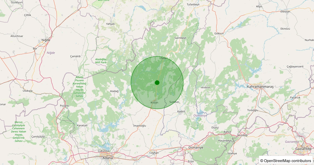 21 Ekim 2025 saat 02:10 - Kozan - Orçan - 1.30ml depreminin harita gösterimi