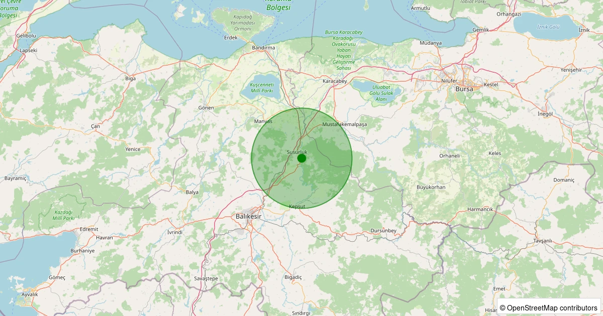 21 Ekim 2025 saat 11:19 - Susurluk - Kocapınar - 1.30ml depreminin harita gösterimi