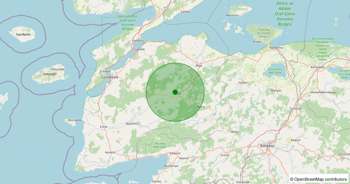 21 Ekim 2025 saat 14:09 - Çan - Çavuşköy Köyü - 1.60ml depreminin harita gösterimi