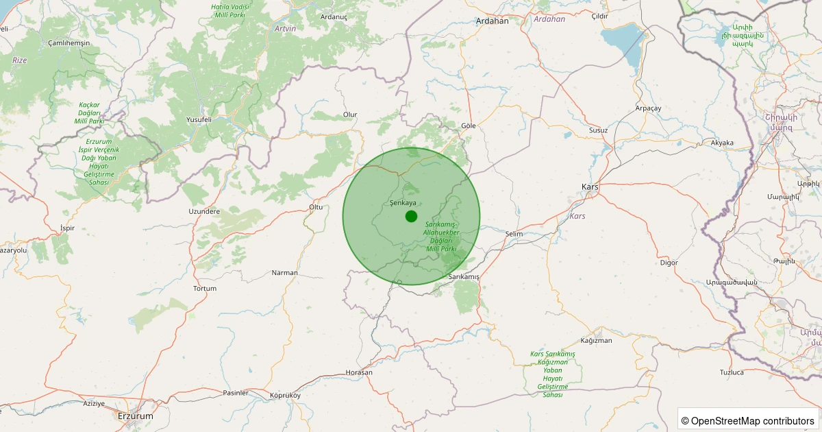 21 Ekim 2025 saat 16:38 - Şenkaya - Yeşilkaya - 2.40ml depreminin harita gösterimi