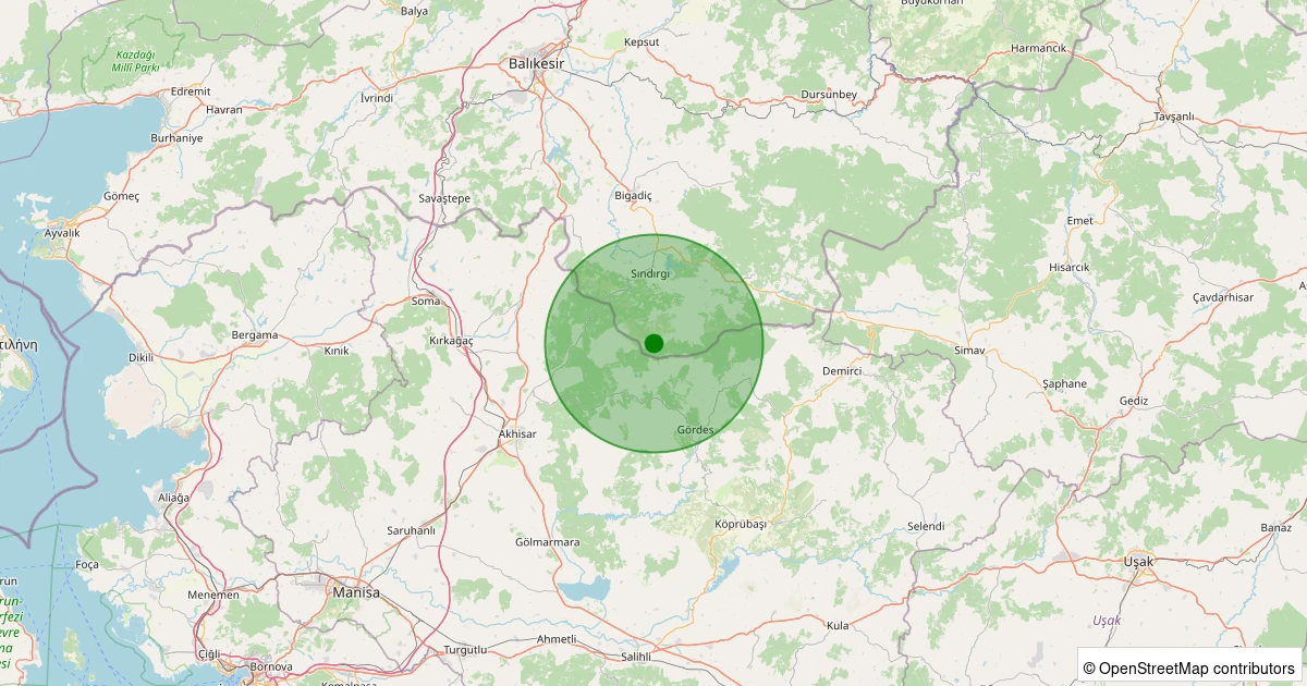 21 Ekim 2025 saat 18:45 - Sındırgı - Kınık - 1.30ML depreminin harita gösterimi