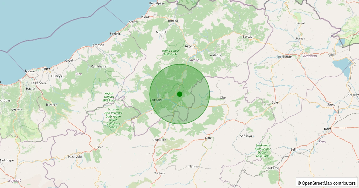 21 Ekim 2025 saat 21:31 - Yusufeli - İnanlı Köyü - 1.80ml depreminin harita gösterimi