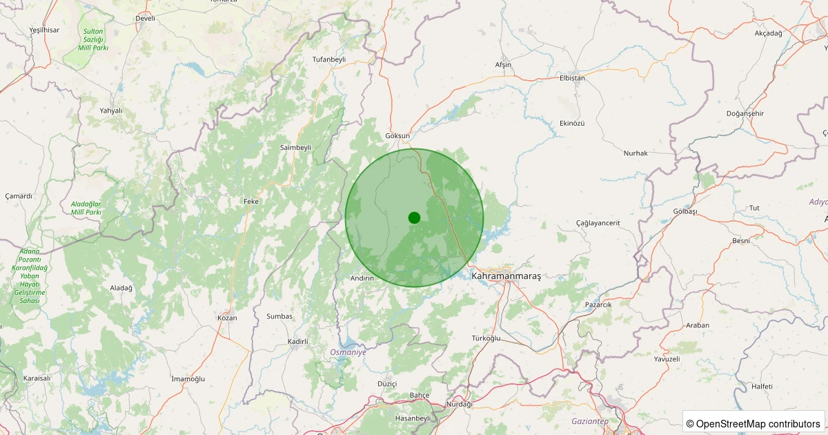 22 Ekim 2025 saat 08:53 - Onikişubat - Kaynar - 1.40ML depreminin harita gösterimi