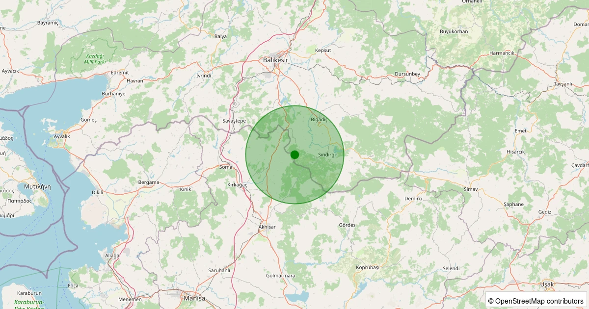 22 Ekim 2025 saat 21:46 - Sındırgı - Eğridere - 1.50ml depreminin harita gösterimi