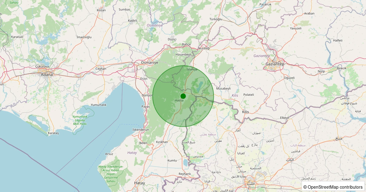 23 Ekim 2025 saat 10:04 - Hassa - Akbez Köyü - 1.80ml depreminin harita gösterimi