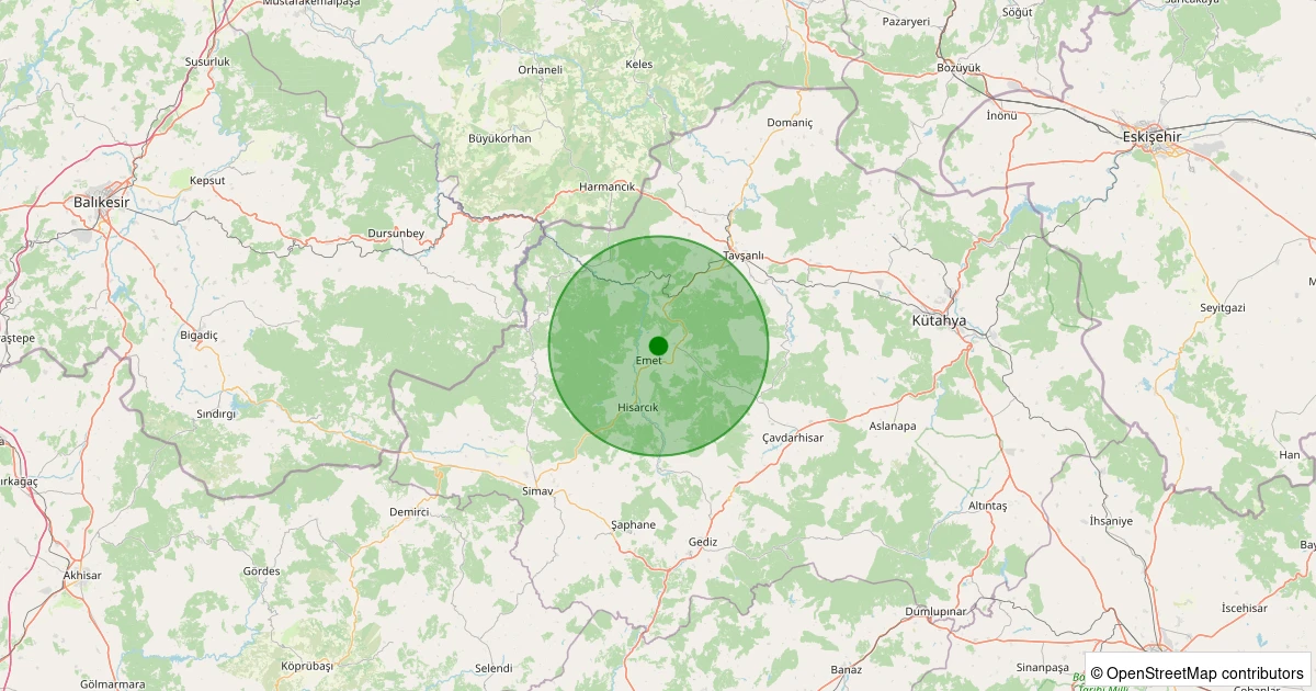 23 Ekim 2025 saat 12:09 - Emet - Çalcağıl - 1.00ml depreminin harita gösterimi