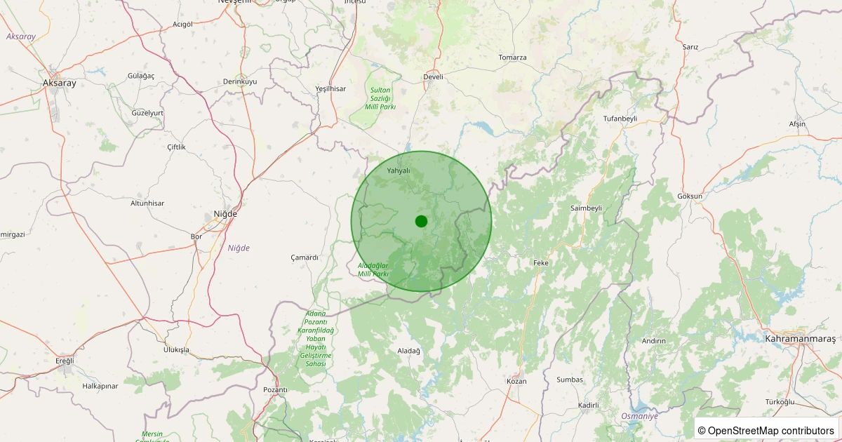 23 Ekim 2025 saat 16:11 - Yahyalı - Çamlıca - 1.10ml depreminin harita gösterimi