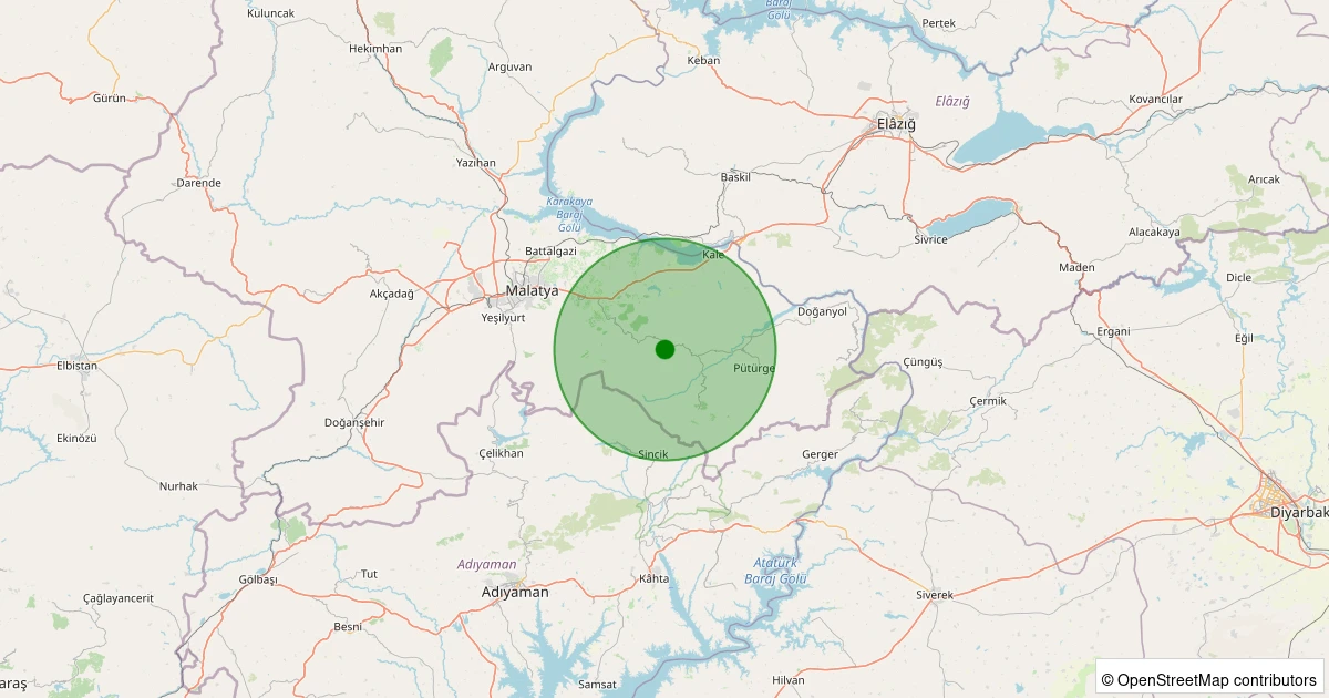 23 Ekim 2025 saat 18:44 - Pütürge - Söğütlü Köyü - 1.70ml depreminin harita gösterimi