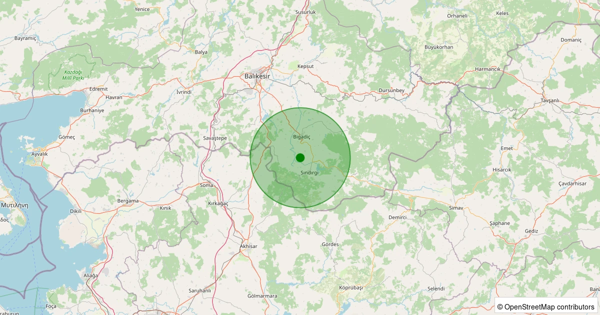 23 Ekim 2025 saat 18:57 - Sındırgı - Karaağaç - 0.80ML depreminin harita gösterimi