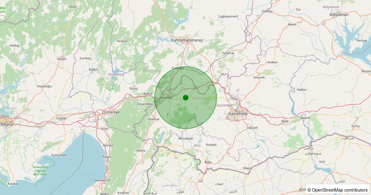 23 Ekim 2025 saat 19:24 - Nurdağı - Sakçagözü - 2.30ML depreminin harita gösterimi