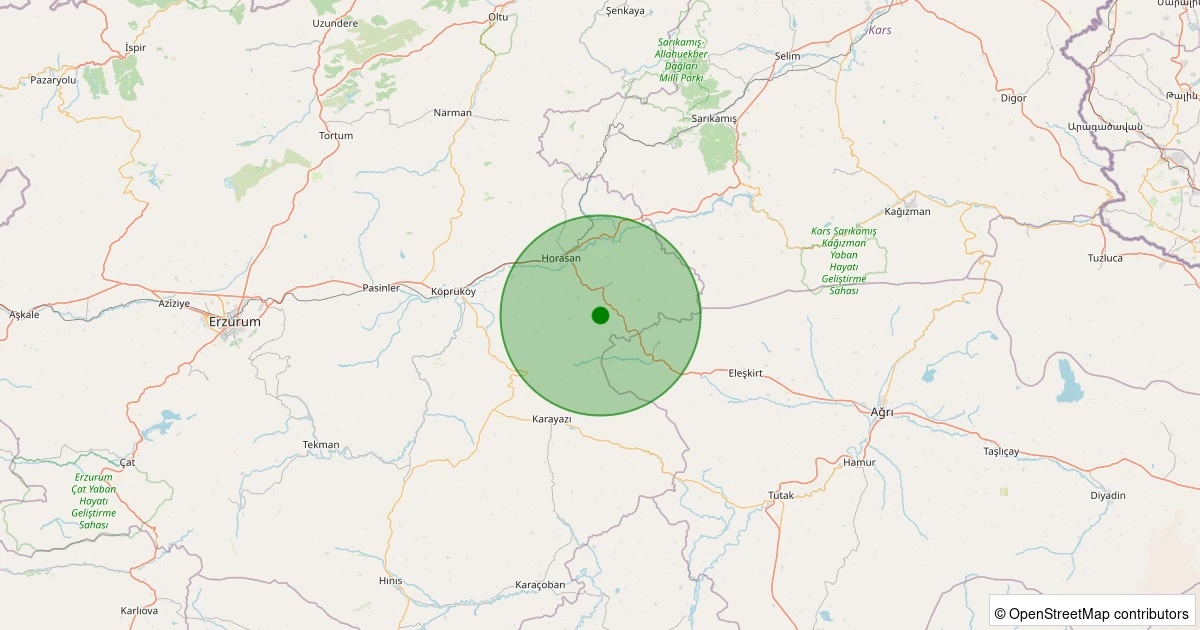 23 Ekim 2025 saat 21:32 - Horasan - Yeşilöz - 1.90ml depreminin harita gösterimi