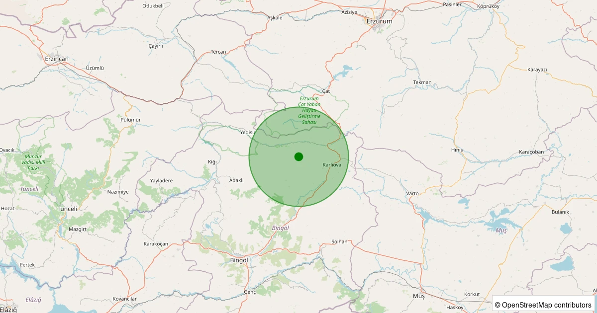 23 Ekim 2025 saat 23:29 - Karlıova - Kaynarpınar Köyü - 1.30ML depreminin harita gösterimi