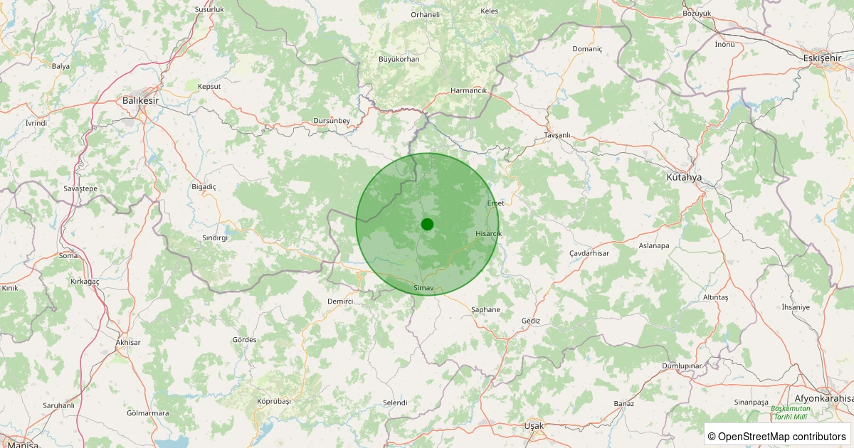 24 Ekim 2025 saat 11:21 - Simav - Yeşildere Köyü - 1.30ml depreminin harita gösterimi