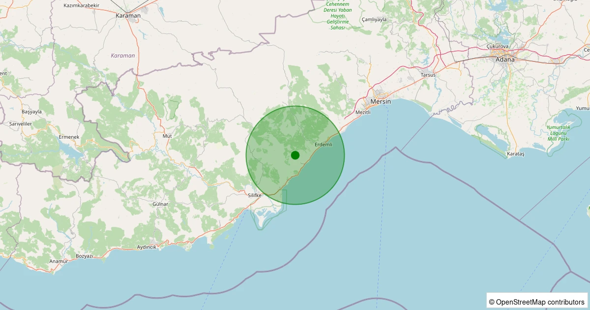 24 Ekim 2025 saat 12:32 - Erdemli - Kumkuyu Çanakçı - 1.00ML depreminin harita gösterimi