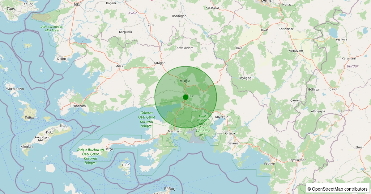 24 Ekim 2025 saat 16:53 - Ula - Kızılağaç - 1.30ml depreminin harita gösterimi