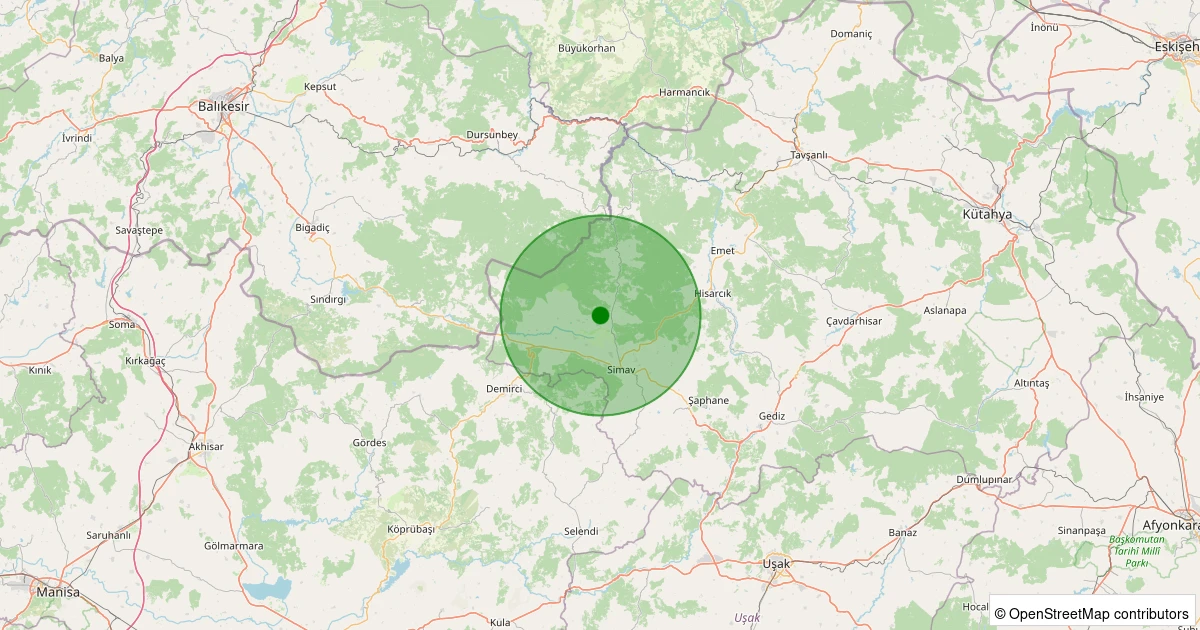 24 Ekim 2025 saat 21:19 - Simav - Güney/Cuma - 1.10ml depreminin harita gösterimi