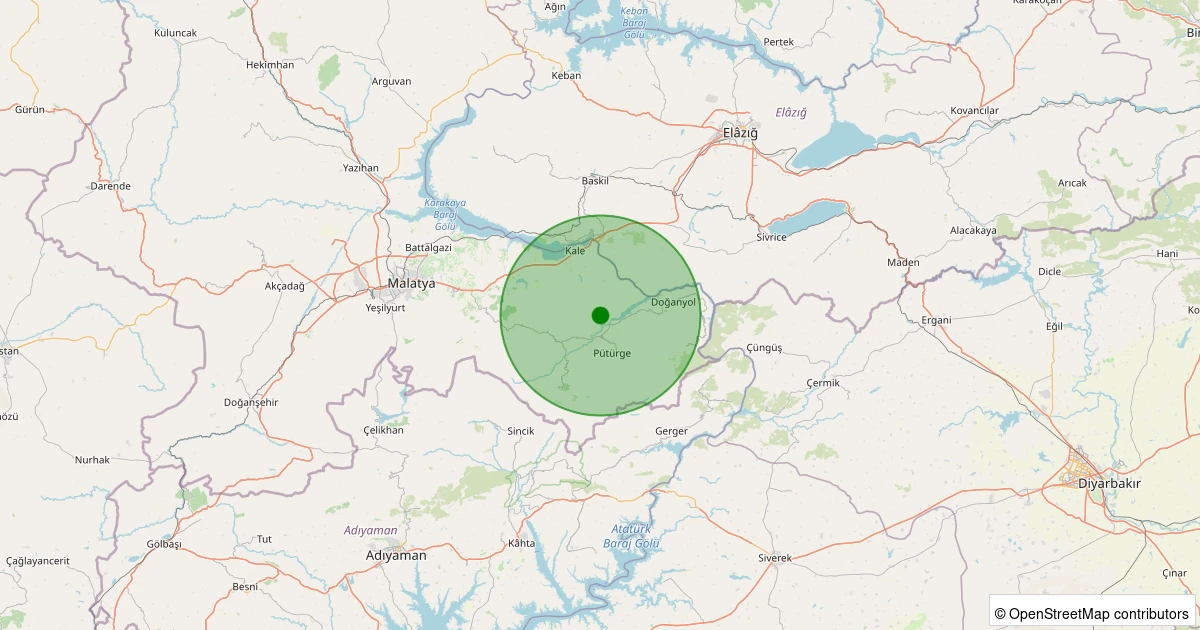 25 Ekim 2025 saat 02:08 - Pütürge - Bölükkaya Köyü - 1.00ml depreminin harita gösterimi